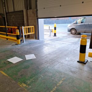 Heavy Duty Bollards in a Loading Bay with Single Bumper Pedestrian Barriers PAS 13 Tested.